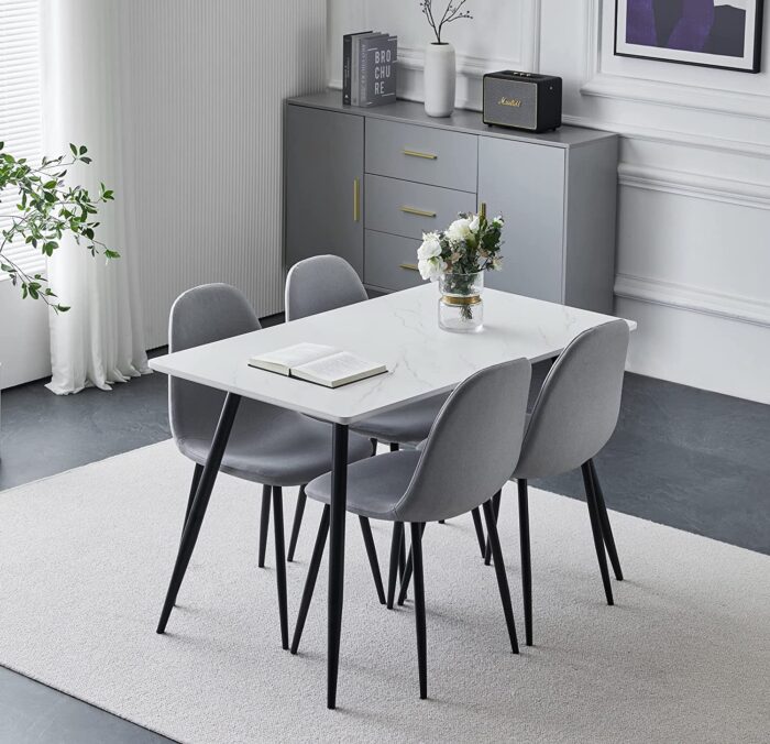 Hallowood Furniture Cullompton Small Dining Table & 4 Fabric Chairs Set with Black Metal Legs – 120 x 70 cm White Marble Effect Kitchen Table – Ideal for Home, Restaurants, Pub, Office & Café - Image 3