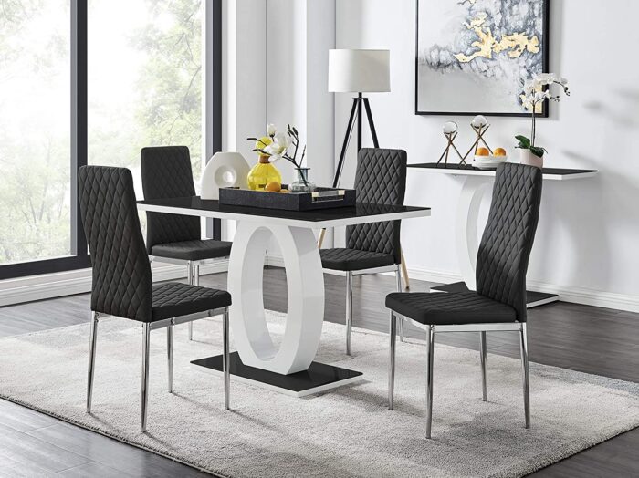 Furniturebox UK Dining Set – Giovani Dining Table and Milan Chairs Set Of 4 – Contemporary High Gloss and Glass Table with Modern Milan Chairs (White Dining Table + 4 Black Milan Chairs)