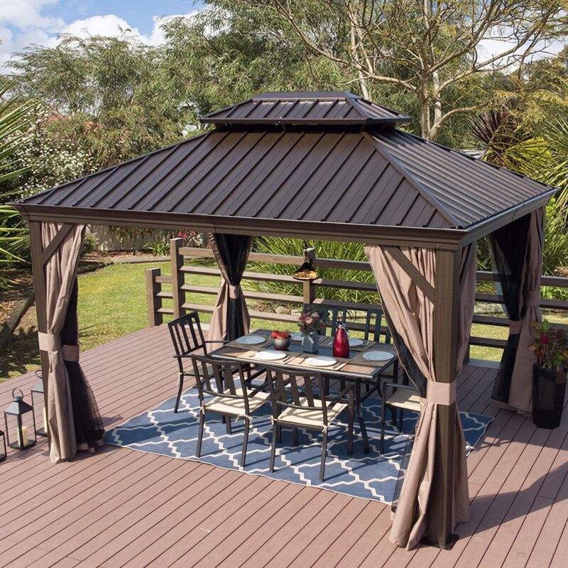 Kozyard Alexander Hardtop Aluminum Permanent Gazebo with a Mosquito Net and Privacy Sidewalls (Alexander 10'x12'(Brown)