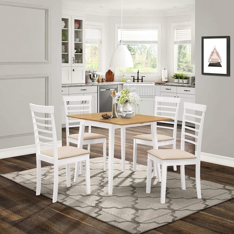Hallowood Furniture Ledbury Small Wooden Drop Leaf Dining Table and Set of 4 Chairs in White and Oak Finishing – Space Saving Dining Table for Kitchen and Apartments – Ideal for Restaurants and Café