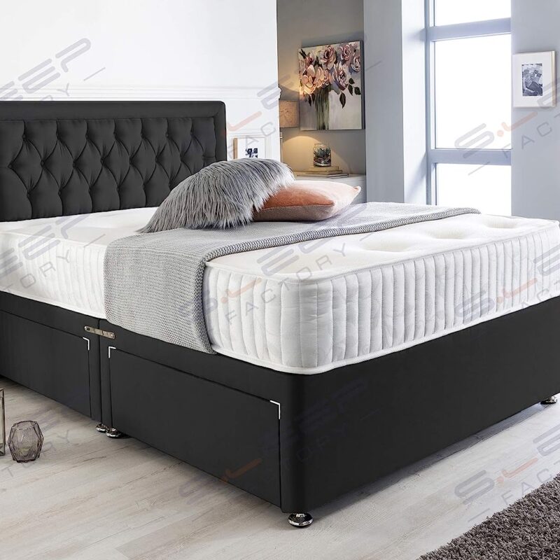 Sleep Factory's Black Suede Chesterfield Divan Bed Set & Memory Foam Mattress 3FT Single 4FT6 Double 5FT King- (6.0FT (Super King), 2 Drawers Same side ide)