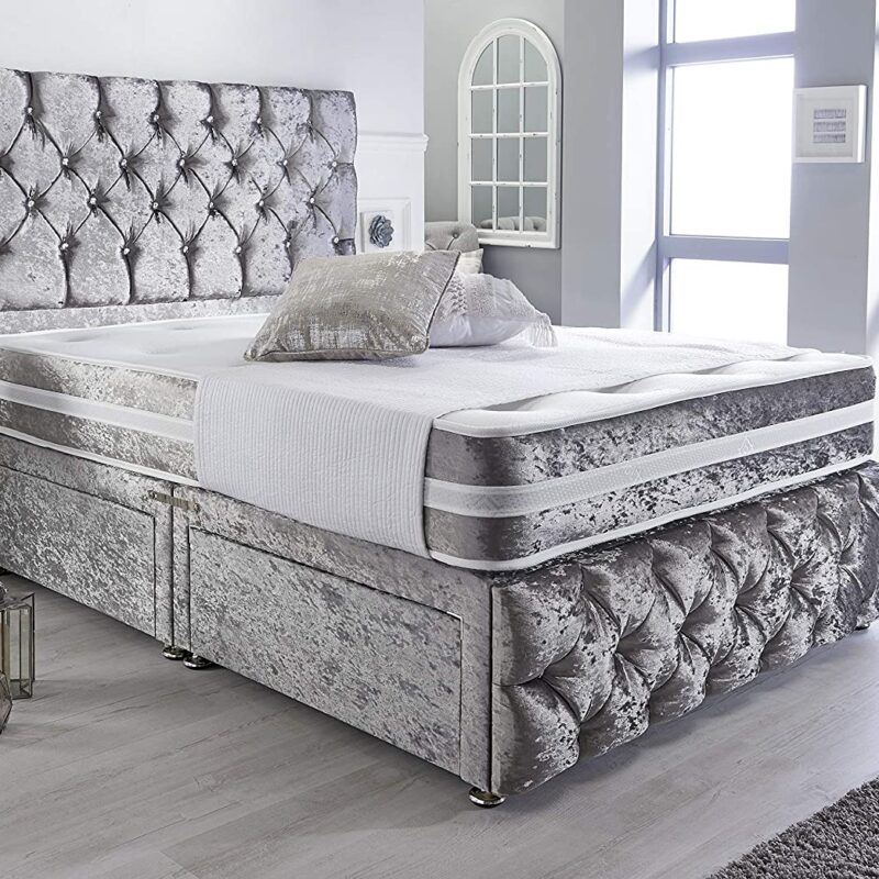 Sleep Factory's Silver Crushed Velvet Chesterfield 2 Drawer Divan Bed Set, Mattress & Headboard 5.0FT (King)