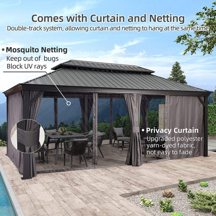 PURPLE LEAF 12' X 20' Permanent Hardtop Gazebo Aluminum Gazebo with Galvanized Steel Double Roof for Patio Lawn and Garden, Curtains and Netting Included, Grey - Image 3