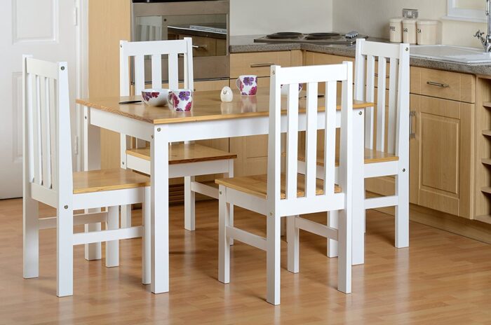 Seconique Ludlow Dining Set – White and Oak – Dining Table and 4 Slatted, Highback Chairs