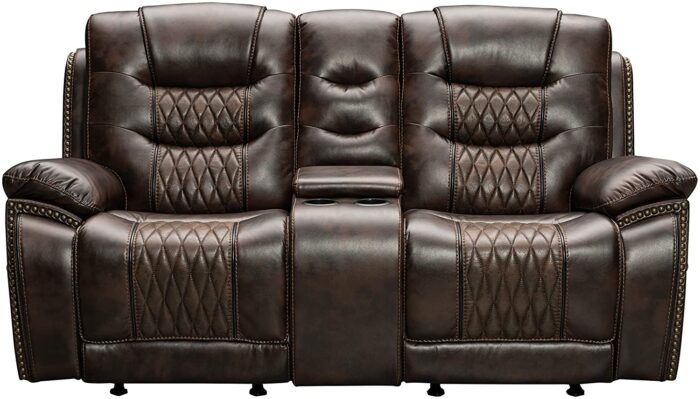Roundhill Furniture Kovel Faux Leather Reclining Loveseat with USB Port and Storage Console, Brown