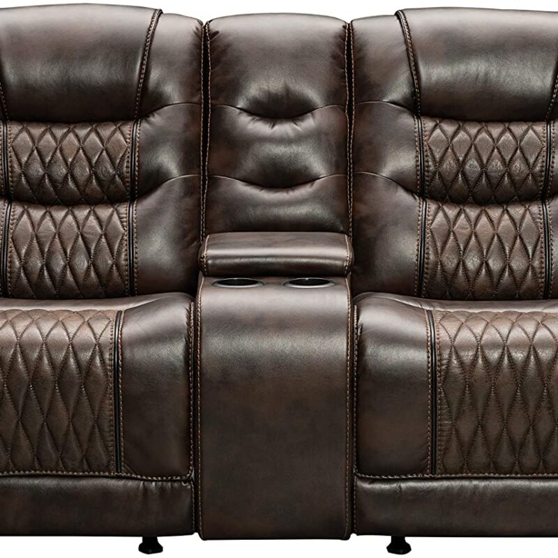 Roundhill Furniture Kovel Faux Leather Reclining Loveseat with USB Port and Storage Console, Brown
