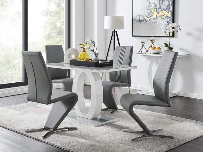 Furniturebox UK Dining Set – Giovani Modern Grey/White High Gloss Glass Dining Table and 4 Luxury Premium Willow Chairs Set (Dining Table + 4 Elephant Grey Willow Chairs)