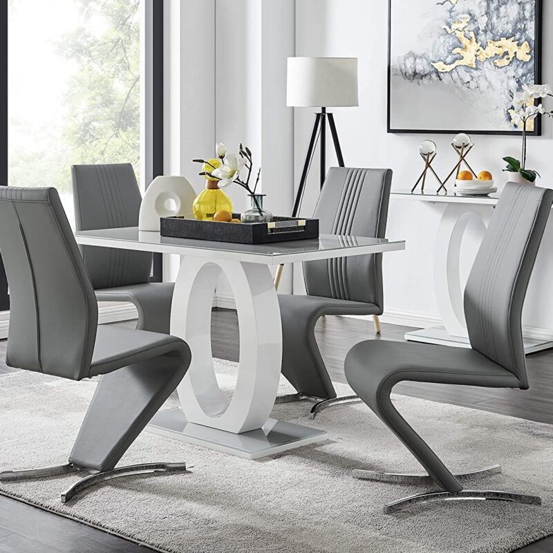 Furniturebox UK Dining Set – Giovani Modern Grey/White High Gloss Glass Dining Table and 4 Luxury Premium Willow Chairs Set (Dining Table + 4 Elephant Grey Willow Chairs)