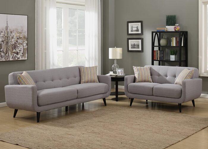 AC Pacific Crystal Collection Upholstered Gray Mid-Century 2-Piece Living Room Set with Tufted Sofa and Loveseat and 4 Accent Pillows, Gray