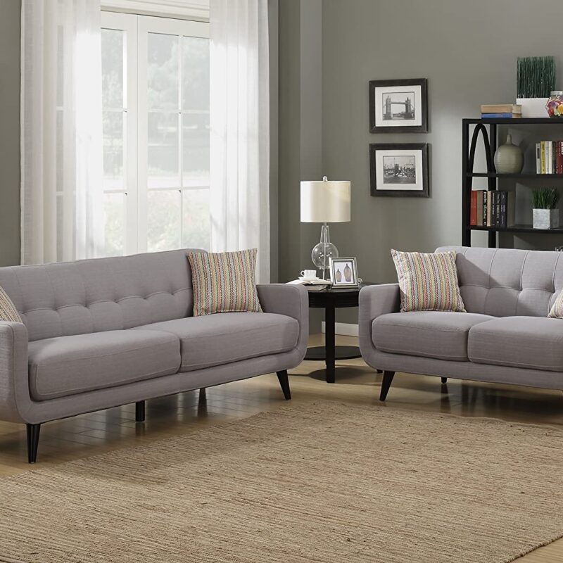 AC Pacific Crystal Collection Upholstered Gray Mid-Century 2-Piece Living Room Set with Tufted Sofa and Loveseat and 4 Accent Pillows, Gray