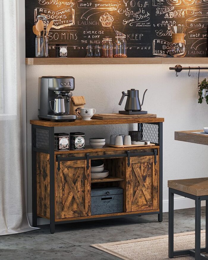 VASAGLE Buffet Sideboard Storage Cabinet with Adjustable Shelf and Sliding Barn Door, Open Compartment, 13 x 39.4 x 31.5 Inches, Rustic Brown and Black - Image 2