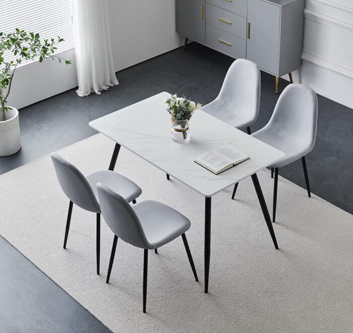 Hallowood Furniture Cullompton Small Dining Table & 4 Fabric Chairs Set with Black Metal Legs – 120 x 70 cm White Marble Effect Kitchen Table – Ideal for Home, Restaurants, Pub, Office & Café - Image 2