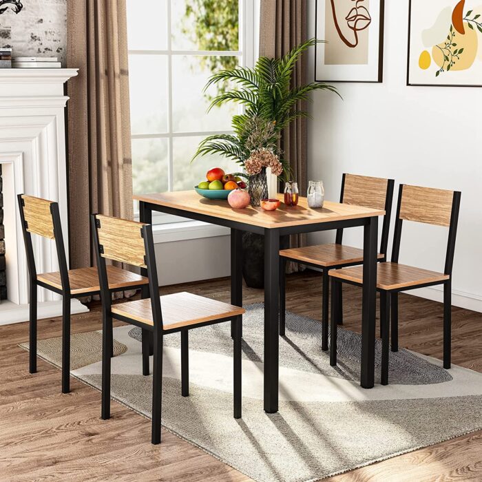 KU Syang Dining Table and 4 Chairs Set, Industrial Kitchen Table Chairs Sets with Wood and Metal Frame, 5 Piece Compact Home Kitchen Dining Room Furniture, Space Saving, Rustic Brown - Image 2