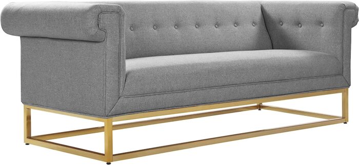Iconic Home Palmira Sofa Button Tufted Linen-Textured Plush Cushion Brass Finished Brushed Metal Base Frame, Modern Transitional, Grey - Image 4