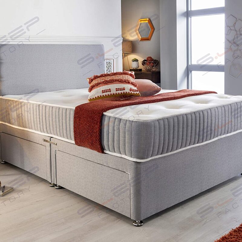 Sleep Factory's Grey Fabric Memory Foam Divan Bed Set With Mattress And Headboard 3ft 4ft 4ft6 5ft 6ft Single Double Small UK King Super King (4.6FT (Double), No Drawers)