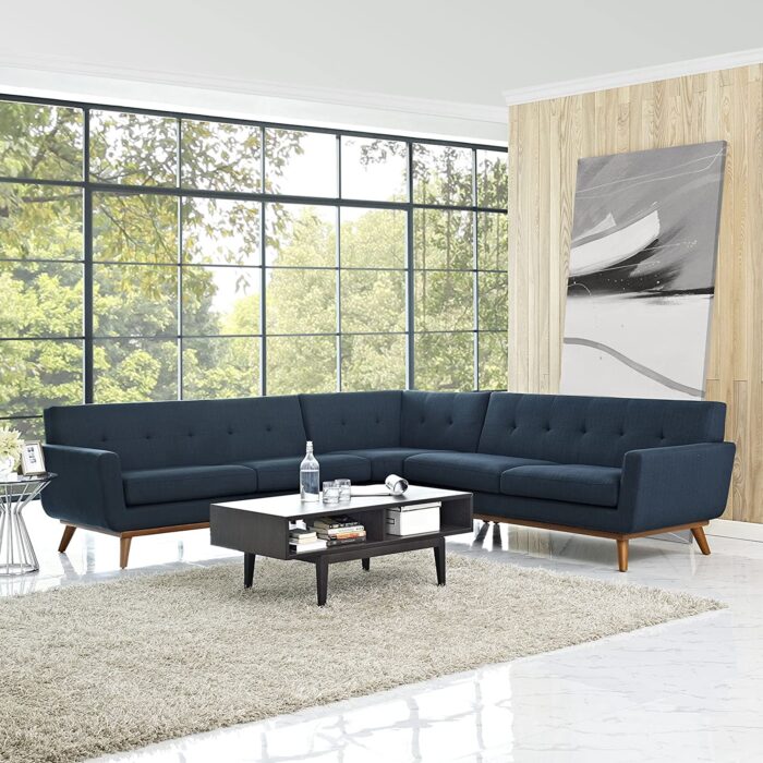 Modway Engage Mid-Century Modern Upholstered Fabric L-Shaped Sectional Sofa in Azure - Image 8