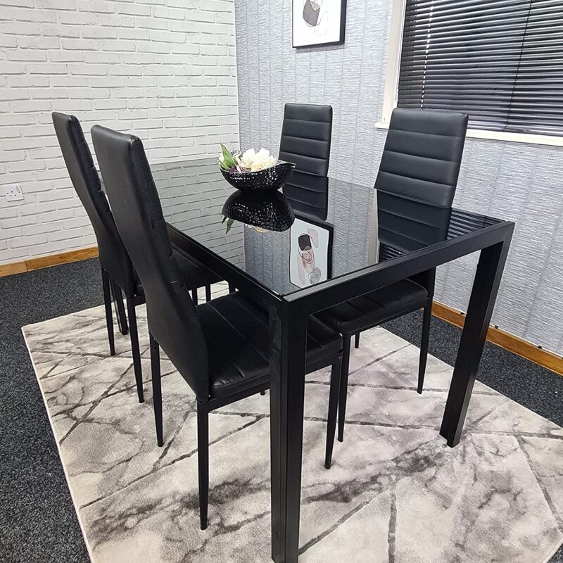 KOSY KOALA ALL BLACK GLASS DINING TABLE AND 4 FAUX LEATHER CHAIRS (Black, Table with 4 chairs)