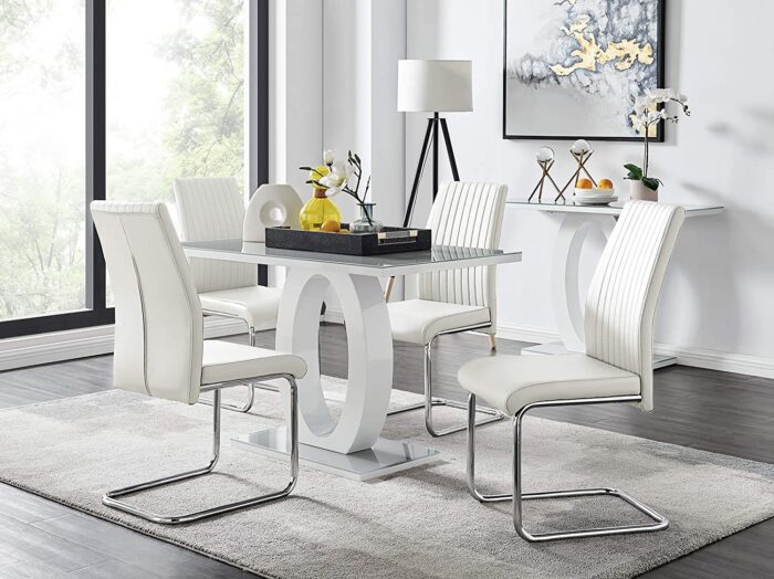 Furniturebox UK – Giovani Modern Stylish Grey/White High Gloss Glass Dining Table and 4 Modern Lorenzo Chairs Set (Dining Table + 4 White Lorenzo Chairs)