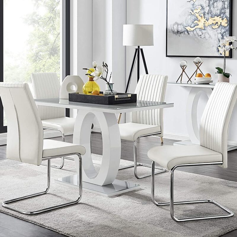 Furniturebox UK – Giovani Modern Stylish Grey/White High Gloss Glass Dining Table and 4 Modern Lorenzo Chairs Set (Dining Table + 4 White Lorenzo Chairs)