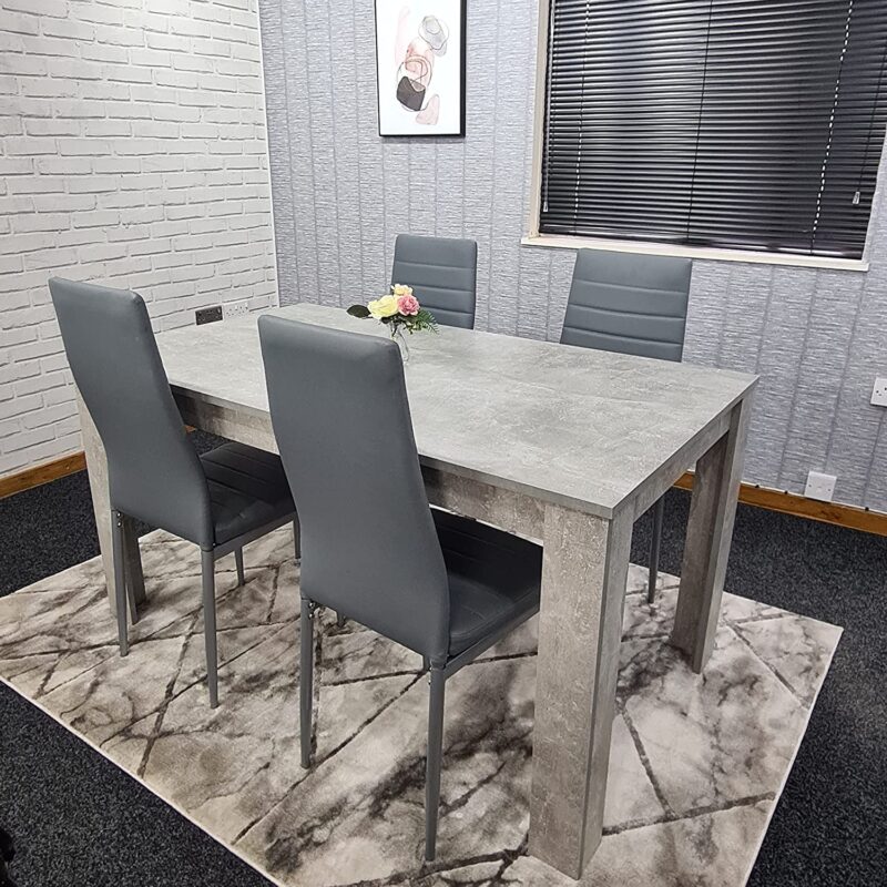 KOSY KOALA Grey Dining Table and 4 chairs stone grey effect kitchen wood set 4 (Table 117 length with 4 grey metal chairs)