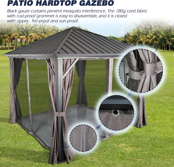 Peak Home Furnishings 10Ft x 10Ft Patio Hardtop Gazebo Outdoor Aluminum Pergola with Galvanized Steel Roof Canopy, Polyester Curtain and Mosquito Net - Image 3