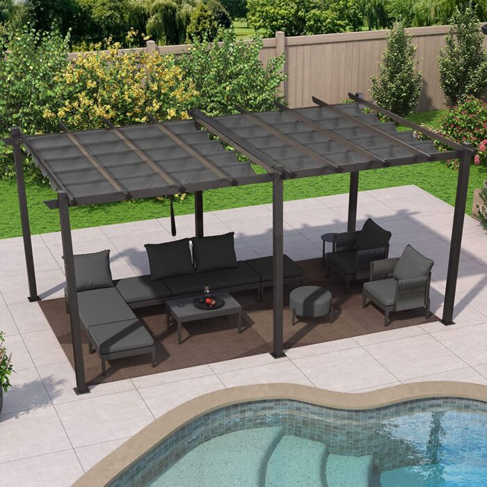 PURPLE LEAF 12' X 20' Outdoor Pergola with Retractable Canopy Aluminum Shelter for Porch Garden Sun Shade Beach Pavilion Grape Trellis Grill Gazebo Modern Backyard Deck Metal Patio Pergola Gray - Image 2