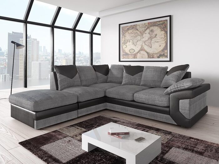 Amazing Sofas large grey corner sofa LARGE-DINO-CORNER-SOFA-GREY-BLACK-LEFT-HAND-SIDE-FOAM. Fire resistant as per British Standards, foam filled seats for comfort.