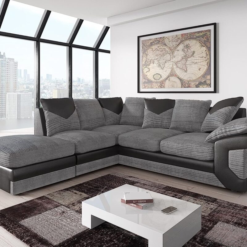 Amazing Sofas large grey corner sofa LARGE-DINO-CORNER-SOFA-GREY-BLACK-LEFT-HAND-SIDE-FOAM. Fire resistant as per British Standards, foam filled seats for comfort.