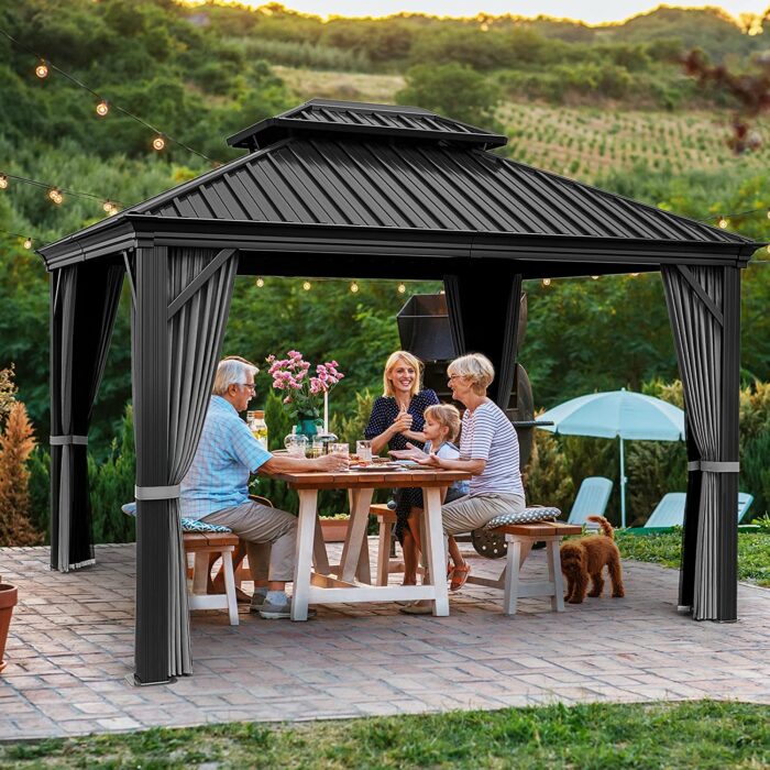 HAPPATIO 10' x 12' Hardtop Gazebo, Outdoor Aluminum Gazebo with Galvanized Steel，Double Roof Permanent Patio Metal Gazebo Canopy with Netting and Curtains for Backyard, Patio, Deck, Parties (Gray) - Image 7